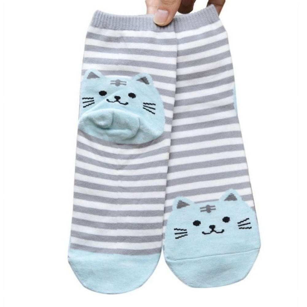 Cute Cat Face Grey & Light Blue Striped Cat Socks